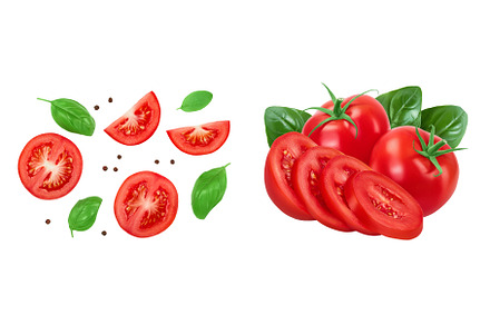 Tomato slices with basil and, a Food & Drink Photo by NataPhoto