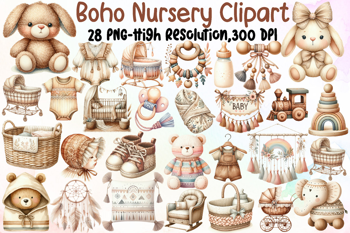 Watercolor Boho Nursery Clipart, an Illustration by Sublimation Artist (Photo 1 of 6)