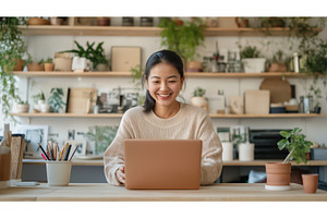 Asian woman working on a laptop at, a Person Photo by Sergey Kotenev