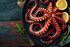 Grilled octopus leg in plate on wooden table, a Food & Drink Photo by AlyaAnd