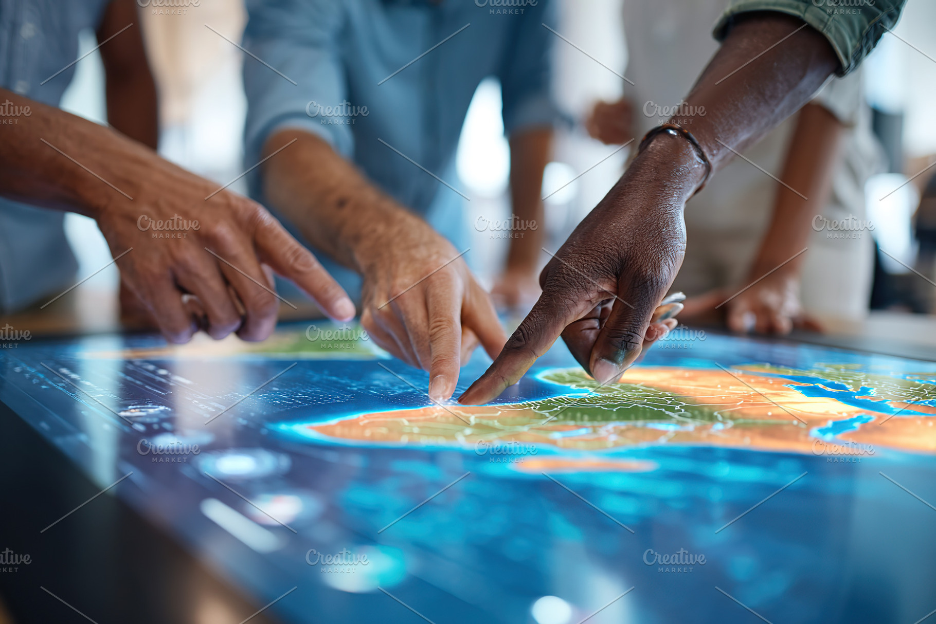Team of analysts collaborating on geographic strategies using digital map techn, a Photo by AlyaAnd