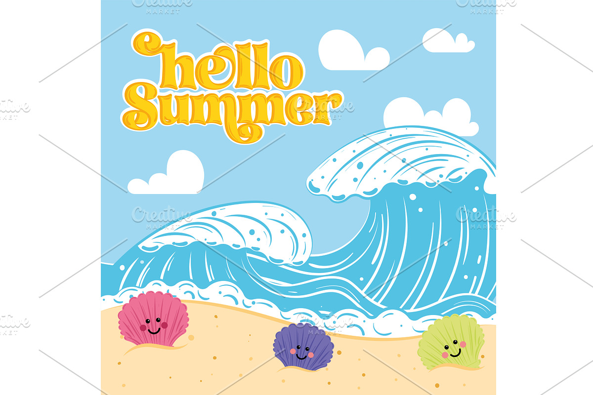 Hello summer poster with waves and, an Illustration by studioDK