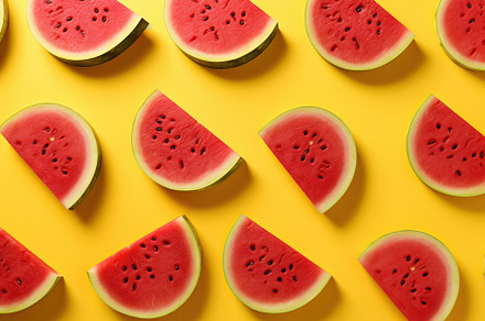 Sliced watermelon on yellow background. Generative AI, a Food & Drink Photo by AlyaAnd