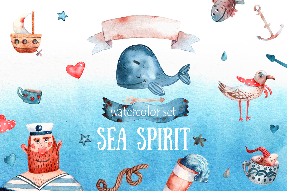 Sea Spirit - Watercolor Clip Art Set, an Illustration by Mashamashastu (Photo 1 of 6)