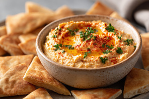 Delicious hummus with pita chips, a Food & Drink Photo by AlyaAnd