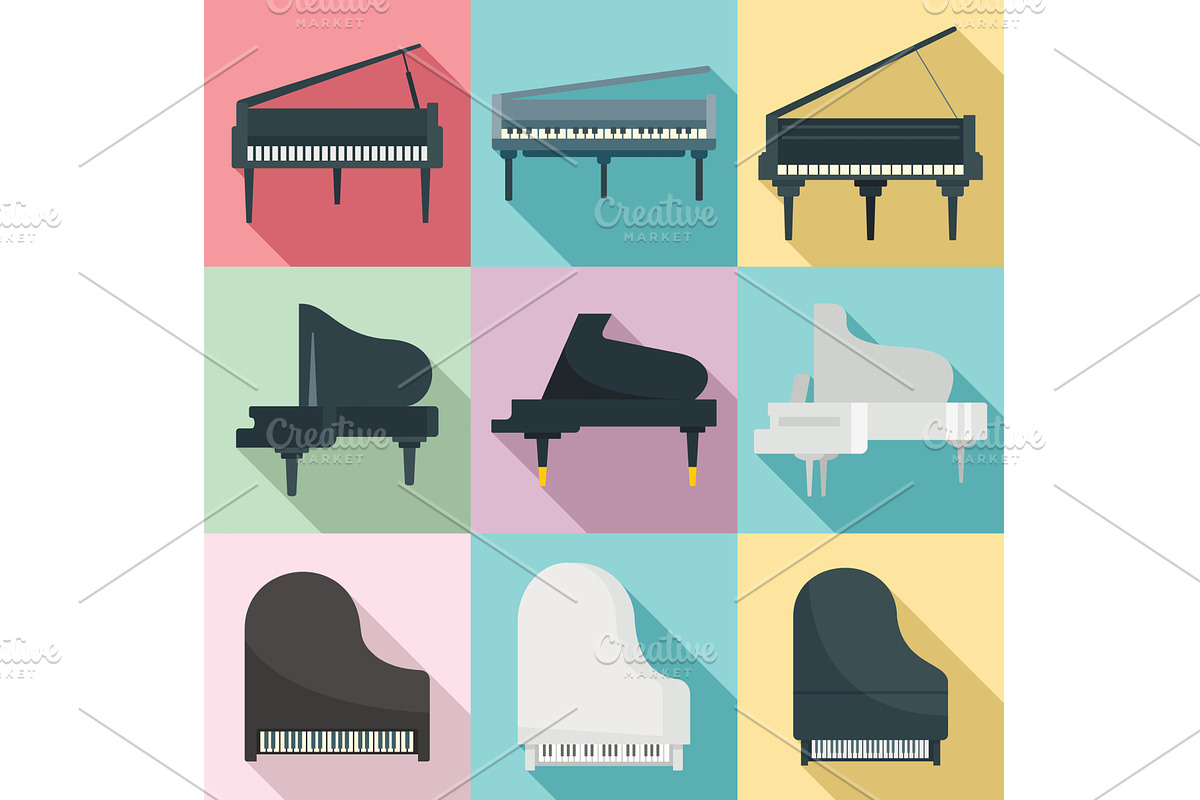 Grand piano icons set, flat style, an Object Illustration by Ylivdesign