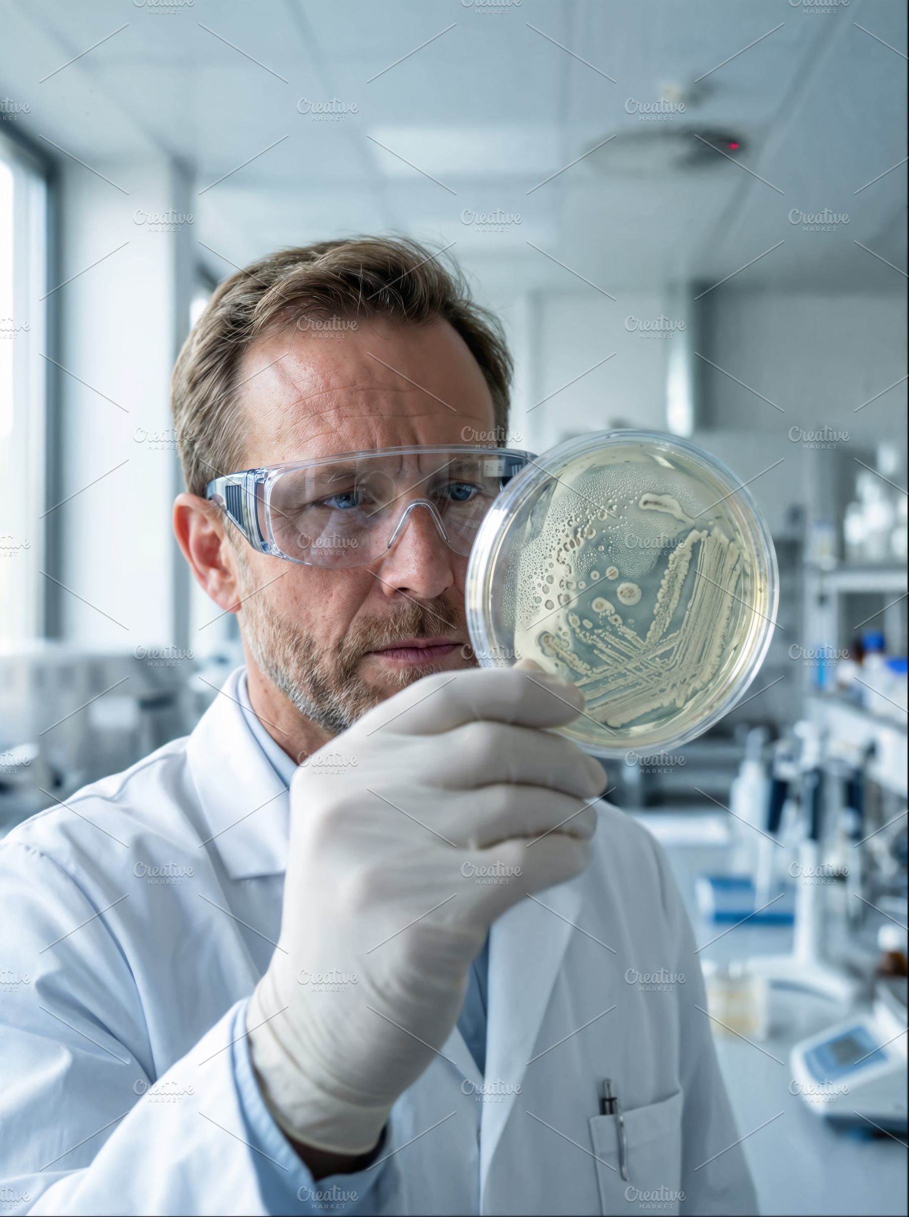 Scientist examining a Petri dish wit, a Health & Medical Photo by angellodeco