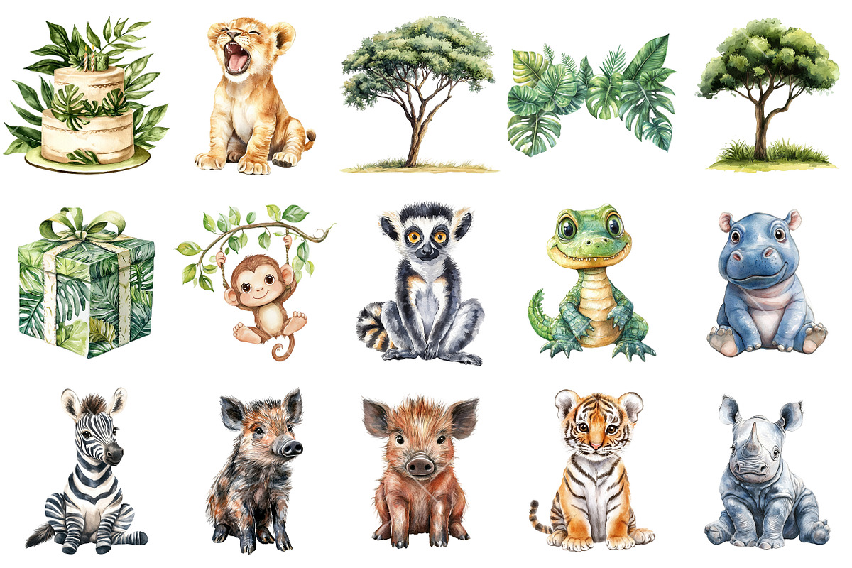 Watercolor Cute Safari Clipart, an Illustration by OK Design (Photo 5 of 6)