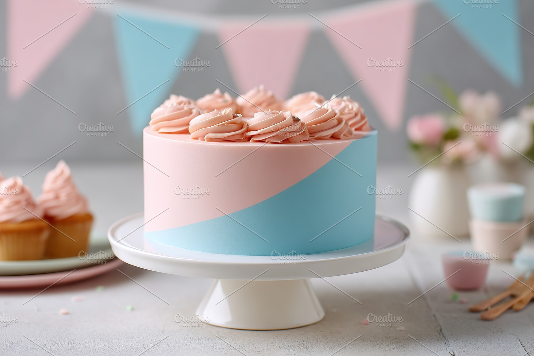 Celebration cake with soft pink and baby blue frosting, perfect for any festive, a Photo by AlyaAnd