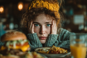 Young woman with thoughtful look sitting in a cafe with food and drink, a Photo by AS photostudio