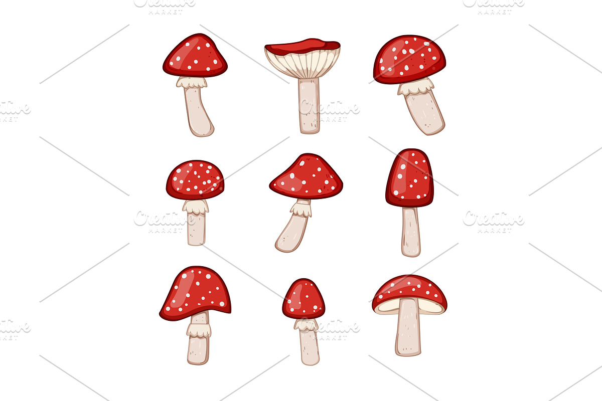 fly agaric set cartoon vector, an Illustration by pikepicture