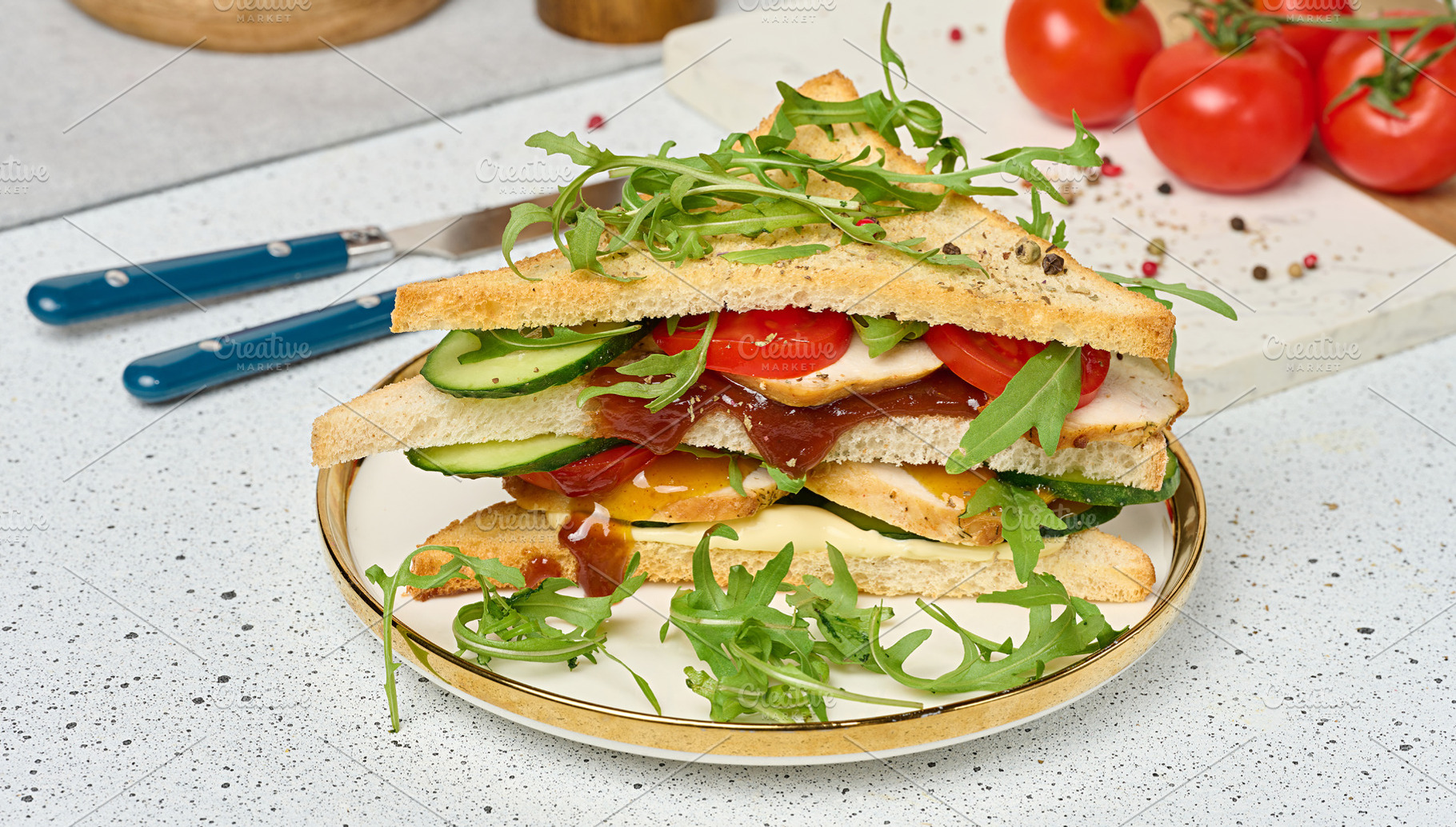 Sandwich with grilled chicken, fresh cucumber, tomato, arugula a, a Food & Drink Photo by ndanko