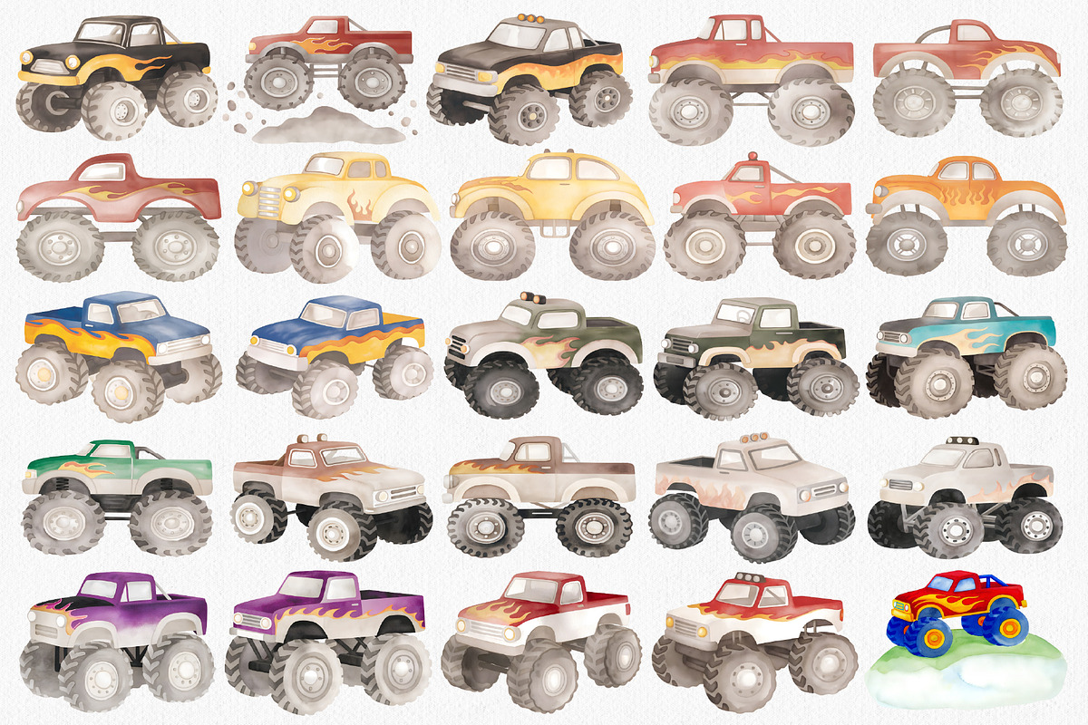 Watercolor Monster Truck Clipart Set, a Transportation Illustration by CropUp Creative (Photo 2 of 5)