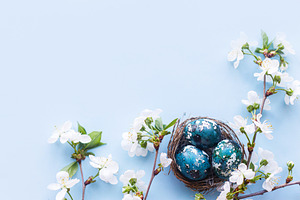 Easter flat lay. Stylish easter eggs in nest and cherry flowers, a Holiday Photo by Sonjachni