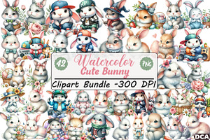 Watercolor Cute Bunny Clipart Set, an Illustration by DreamCafeArt