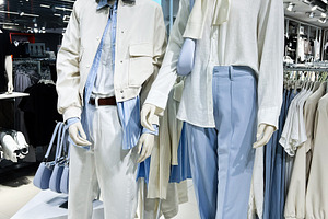 Modern store display with stylish outfits on realistic mannequins under bright, a Photo by AS photostudio