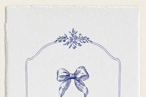 Elegant hand drawn blue bow with a delicate botanical frame, off, an Illustration by Studio ANNA
