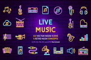 Music Neon Vector Icons Set, an Object Illustration by Anna_leni