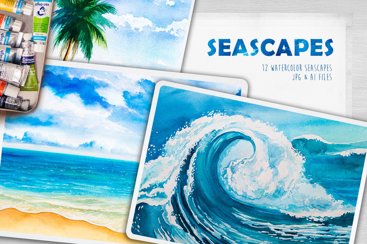 Seascapes. Watercolor illustrations., an Illustration by AlexGreenArt (Photo 1 of 9)