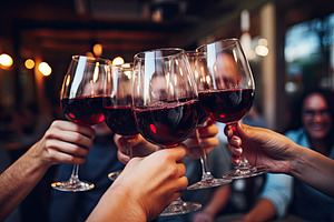 Group of friends toasting with red w, a Photo by Iftikhar Alam