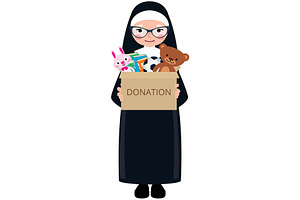 Old nun holding a box of donations