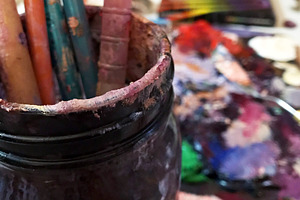 Oil Paint Brushes in Rinse Jar, an Arts & Entertainment Photo by Cordial Punch Press