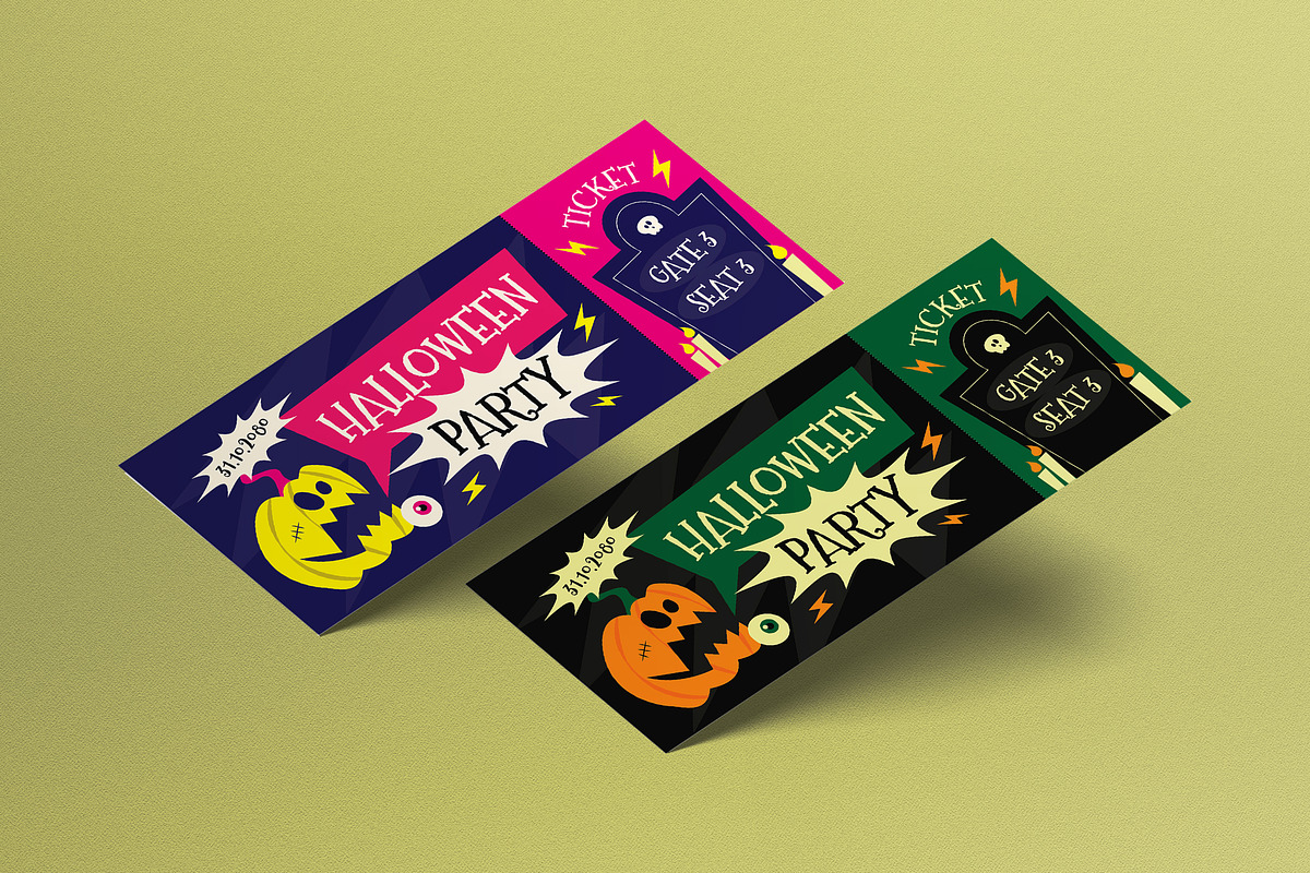 Green Cartoon Halloween Party Ticket, a Flyer Template by graphicook (Photo 1 of 3)