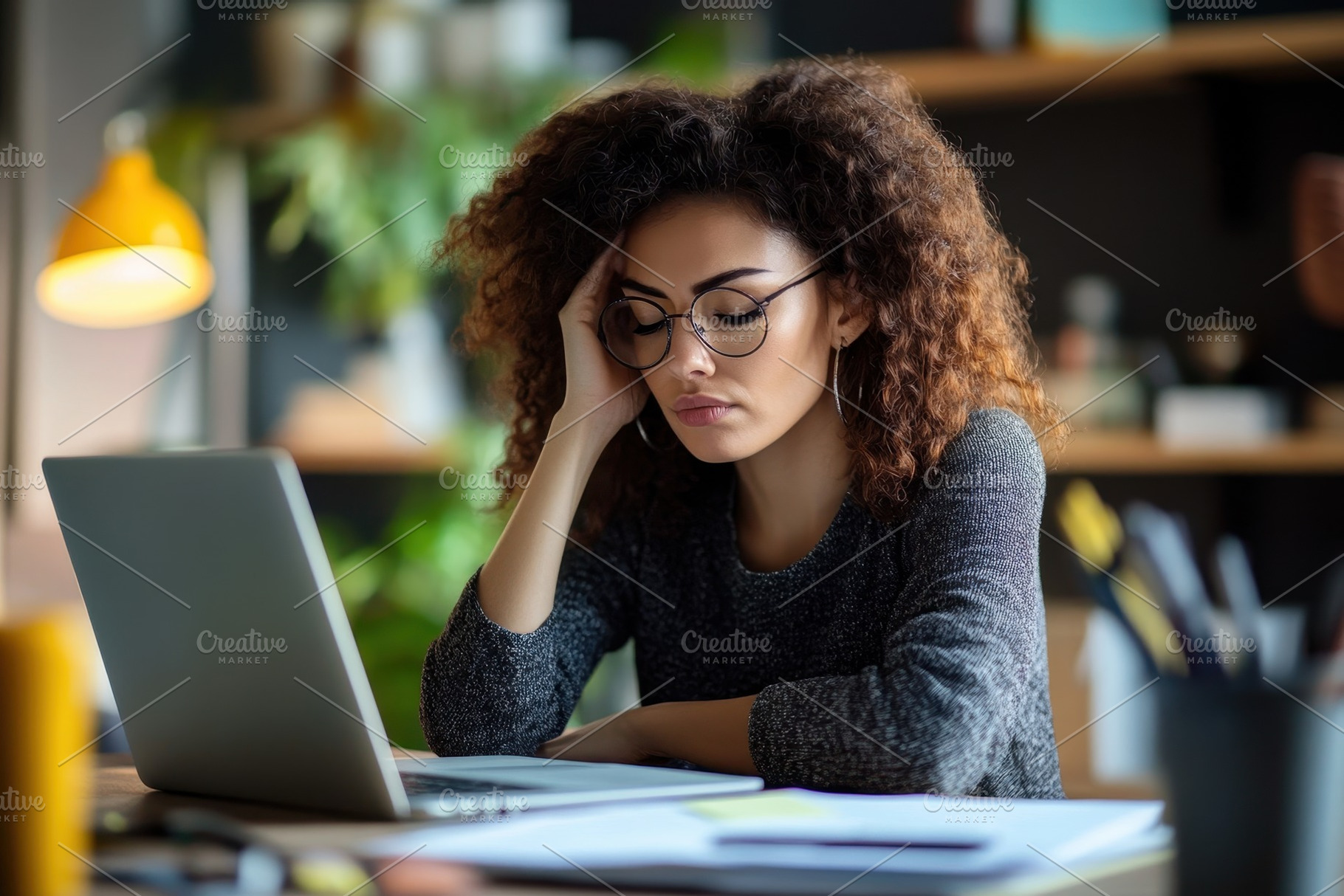 Tensed woman working in home office, a Photo by Pavel_design