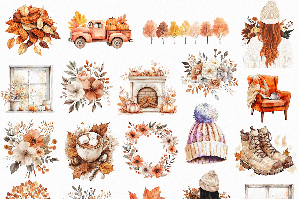 Watercolor Autumn Fall Clipart (PNG), a Seasonal Illustration by DesignBTF (Photo 2 of 6)