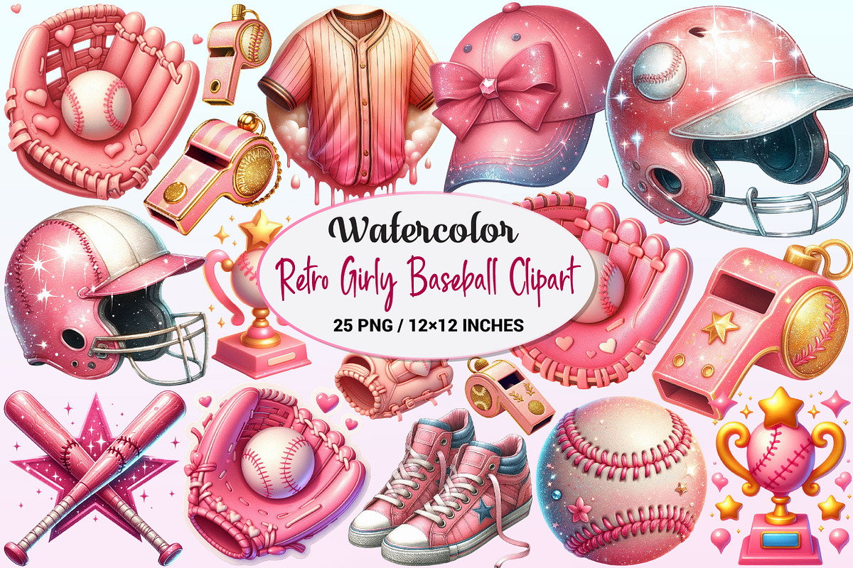 Watercolor Retro Girly Baseball, a Graphic by CitraGraphics (Photo 1 of 4)