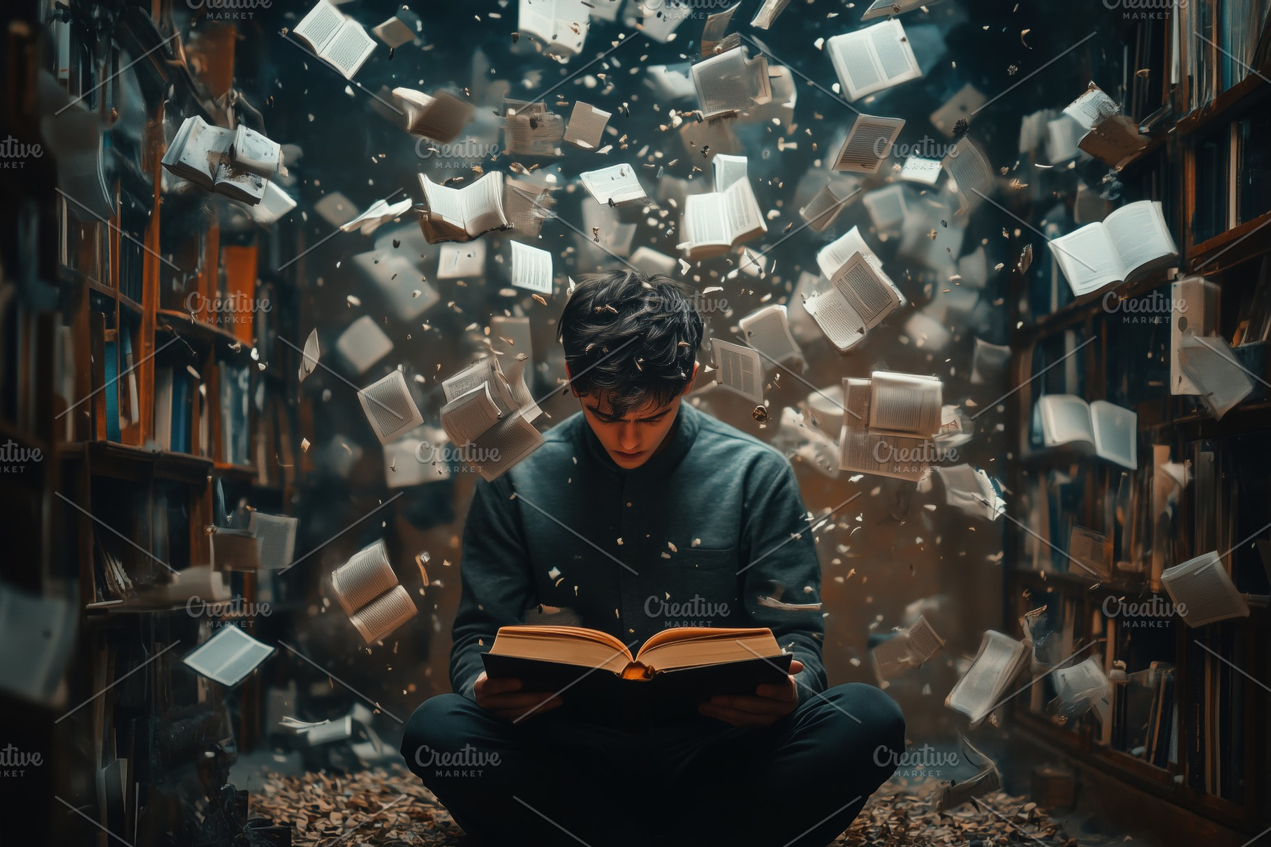 A young psycholinguist man sitting cross-legged in a library, deeply focused on, a Person Photo by Textures & Backgrounds