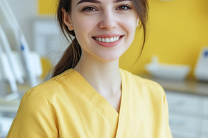 Female dentist in yellow scrubs smiling in modern dental clinic with bright int, a Health & Medical Photo by AlyaAnd