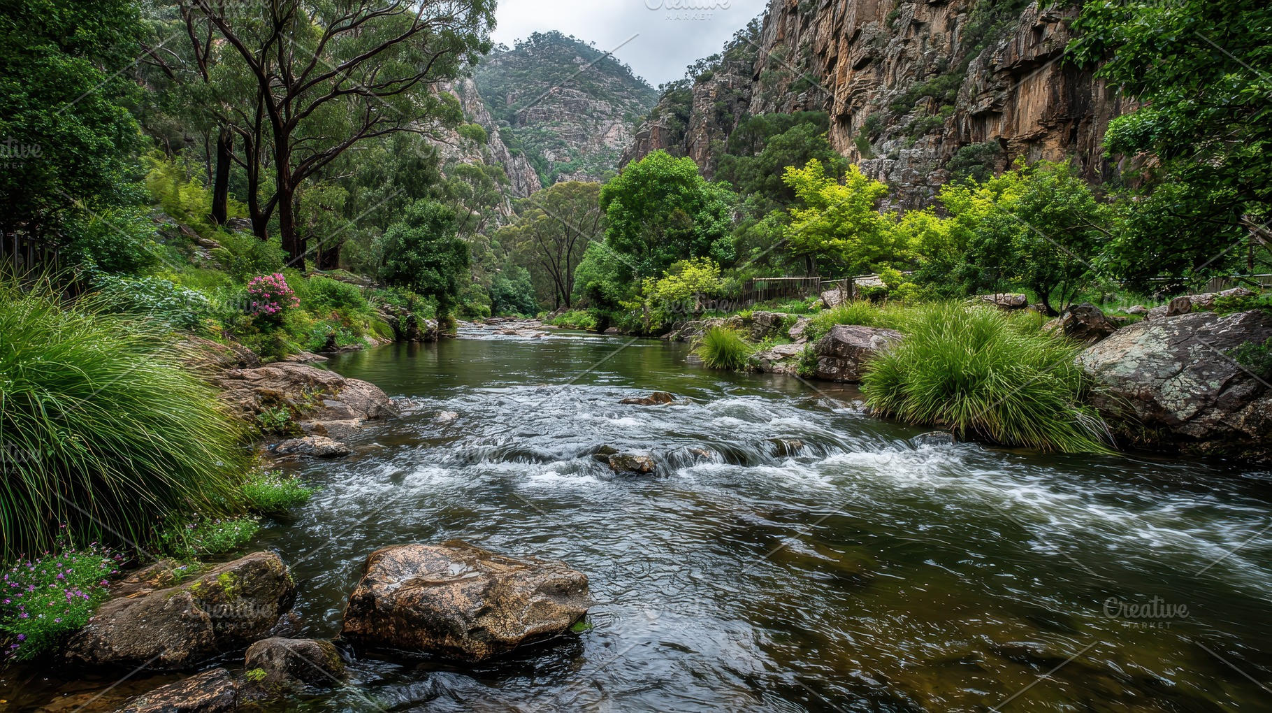 Serene River flowing through lush gr, a Photo by Pixeness Studio