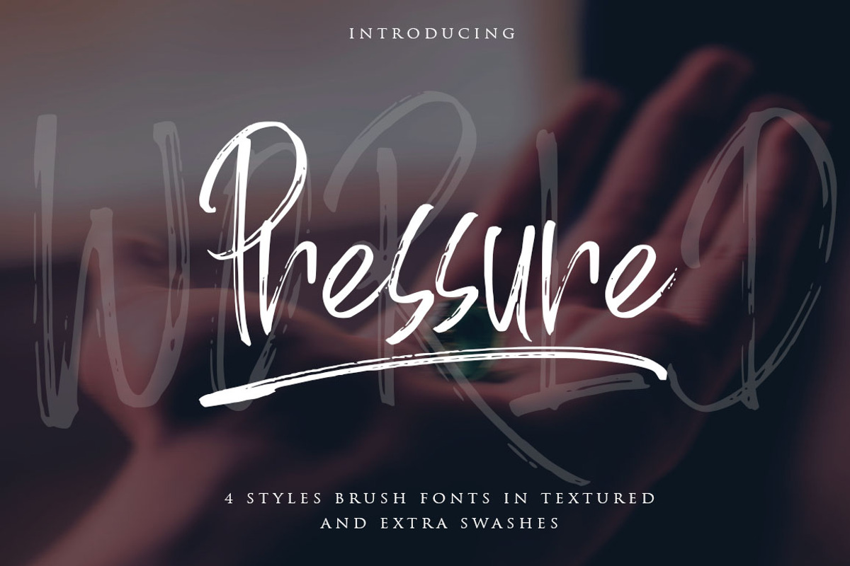 World Pressure / 4 Brush Styles, a Script Font by Haksen (Photo 1 of 8)