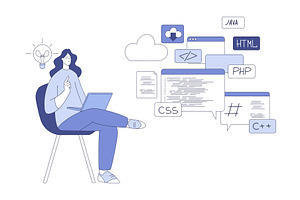 Woman Sitting with Laptop Computer, a Person Illustration by TopVectors