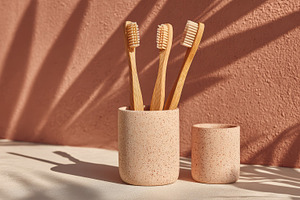 Bamboo toothbrushes in terracotta ho, a Photo by Pixeness Studio