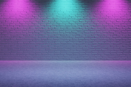 Bright empty room made from brick with violet and blue color spo, an Arts & Entertainment Photo by Ministocker