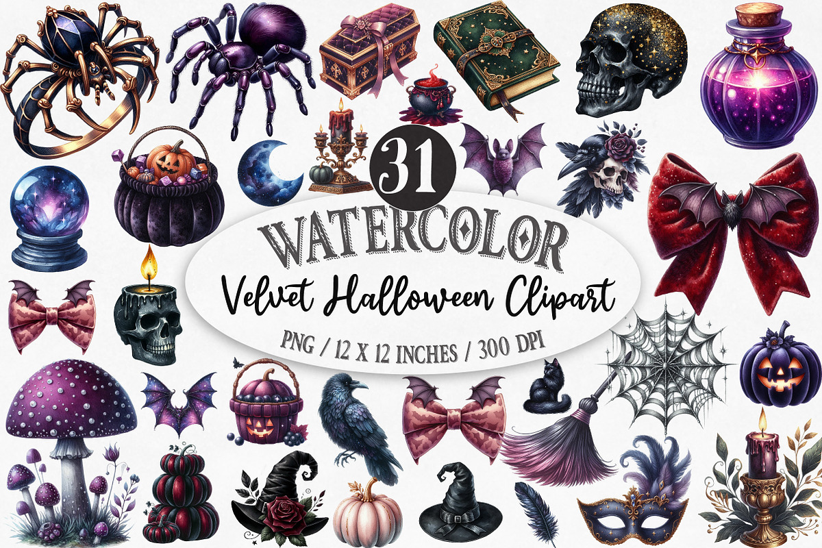 Watercolor Velvet Halloween Clipart, an Illustration by Designking (Photo 1 of 5)