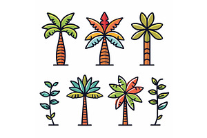 Set Colorful Tropical Palm Trees