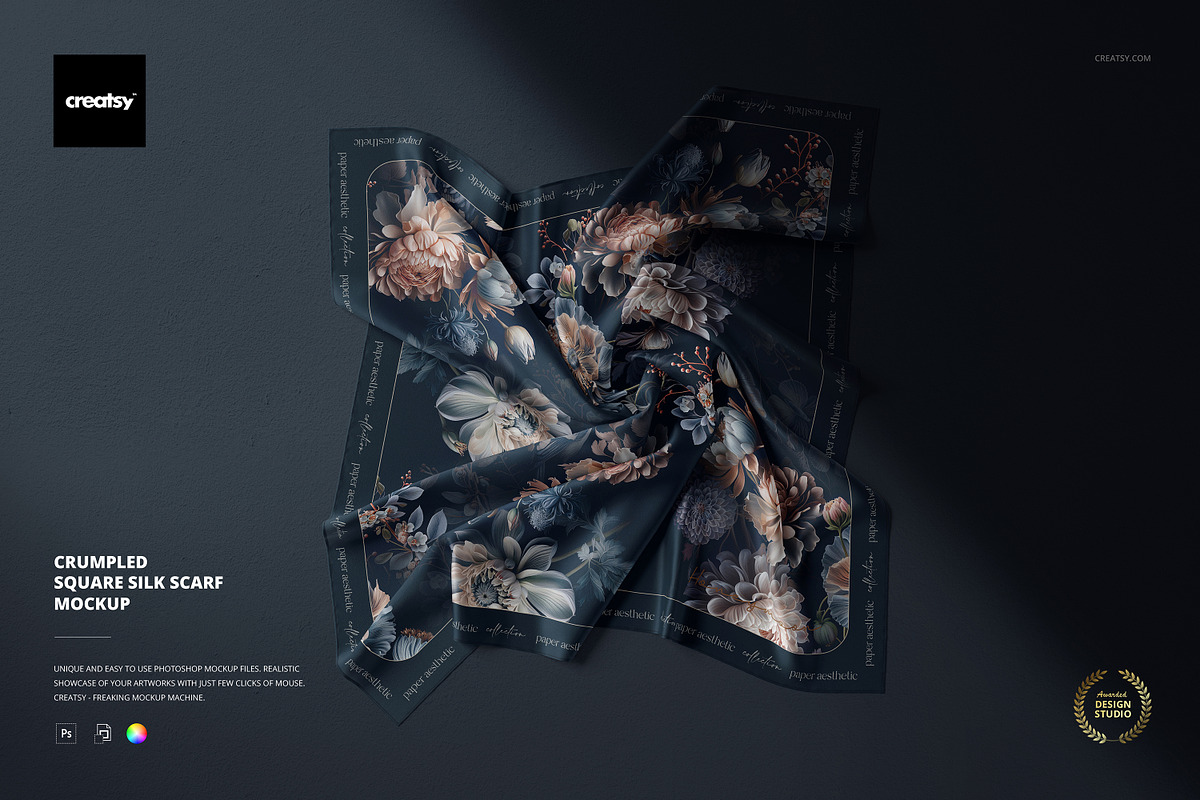 Crumpled Square Silk Scarf Mockup, a Mask Mockup by creatsy5 (Photo 1 of 5)