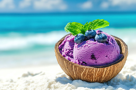 Delicious blueberry ice in a coconut shell by the ocean on a sunny day, a Food & Drink Photo by AlyaAnd
