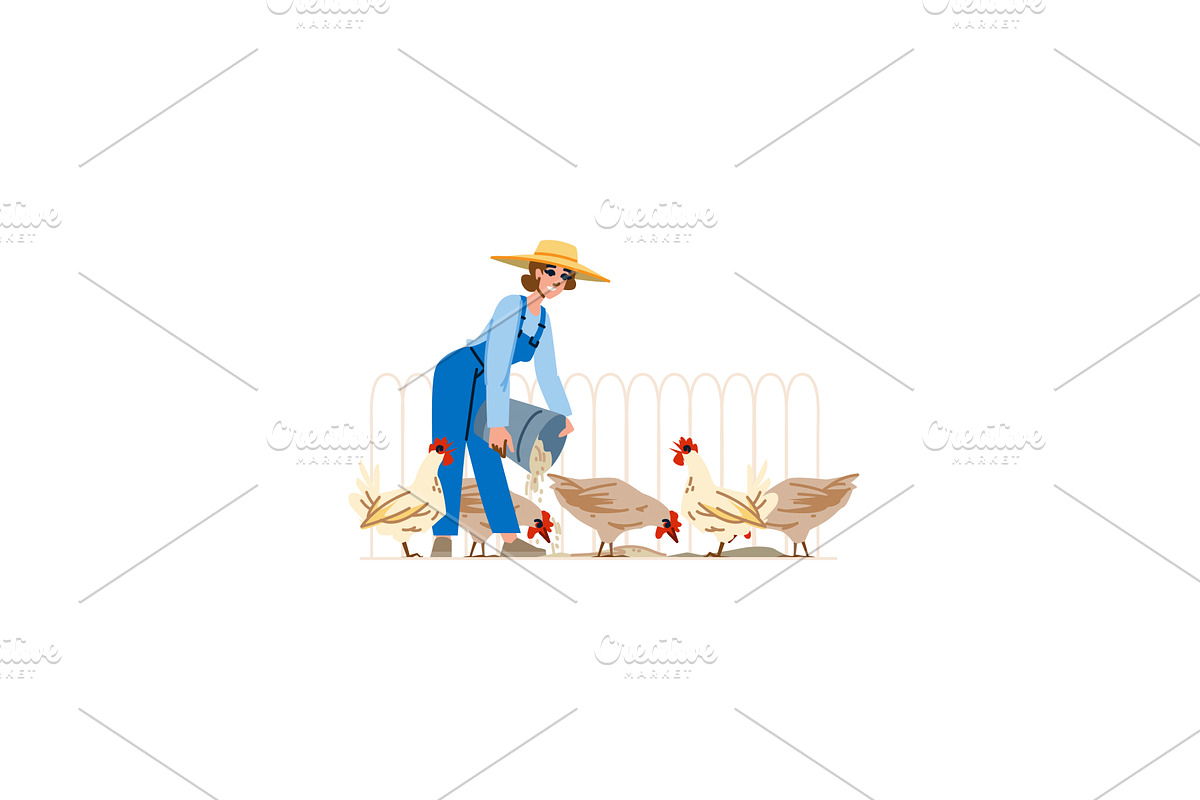 Farmer woman feeding chickens in, an Animal Illustration by pikepicture
