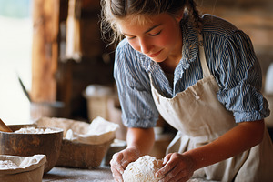 Young girl kneading fresh dough, a Food & Drink Photo by MistyDay