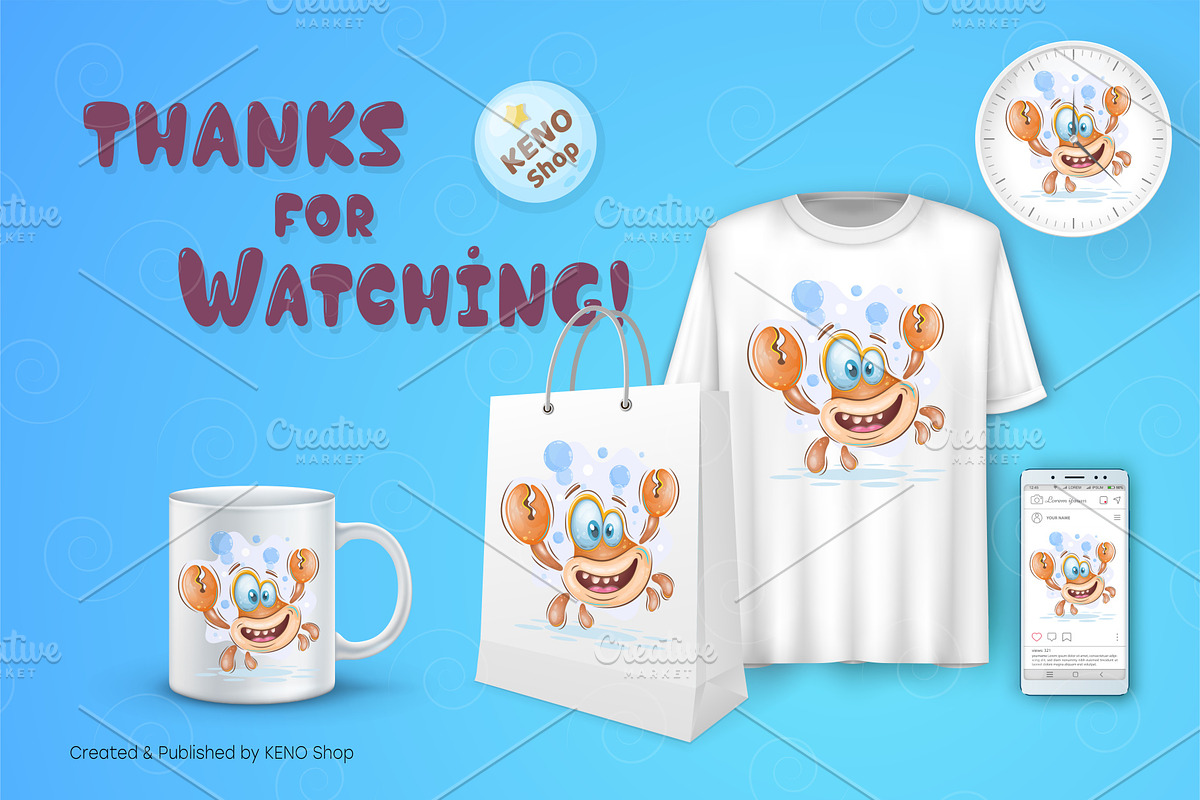 Cute cartoon crab. Tshirt, PNG., an Animal Illustration by KENO Mascots (Photo 5 of 5)