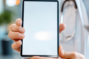 Healthcare professional with tablet in modern clinic, a Health & Medical Photo by AlyaAnd