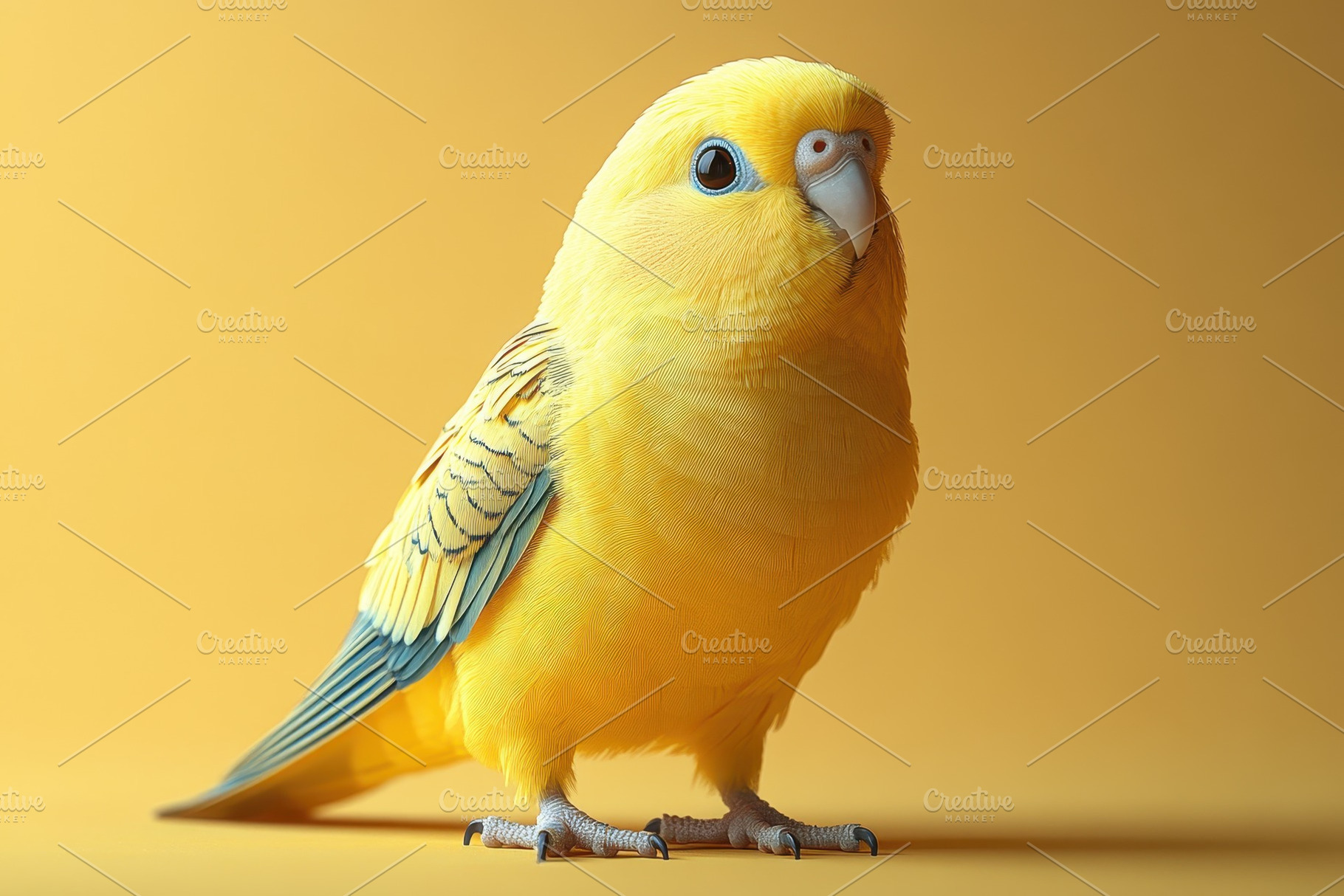 Bright yellow parakeet perched again, a Photo by Tanuart