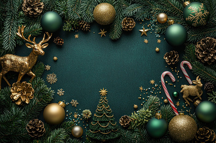 Christmas flat lay with golden ornaments, reindeer decorations, pinecones, cand, a Wallpaper Photo by José Manuel Gelpi