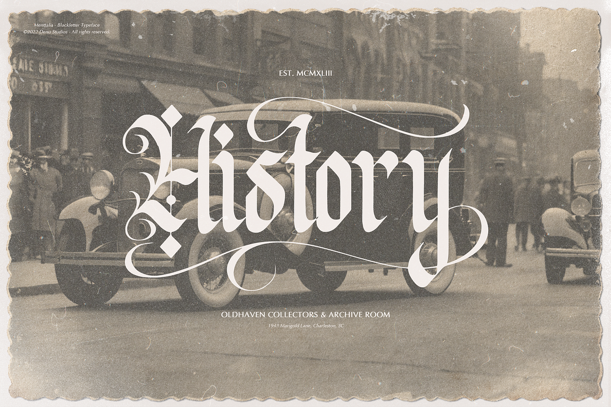 Menttalis | Blackletter Typeface, a Blackletter Font by Denustudios (Photo 3 of 12)