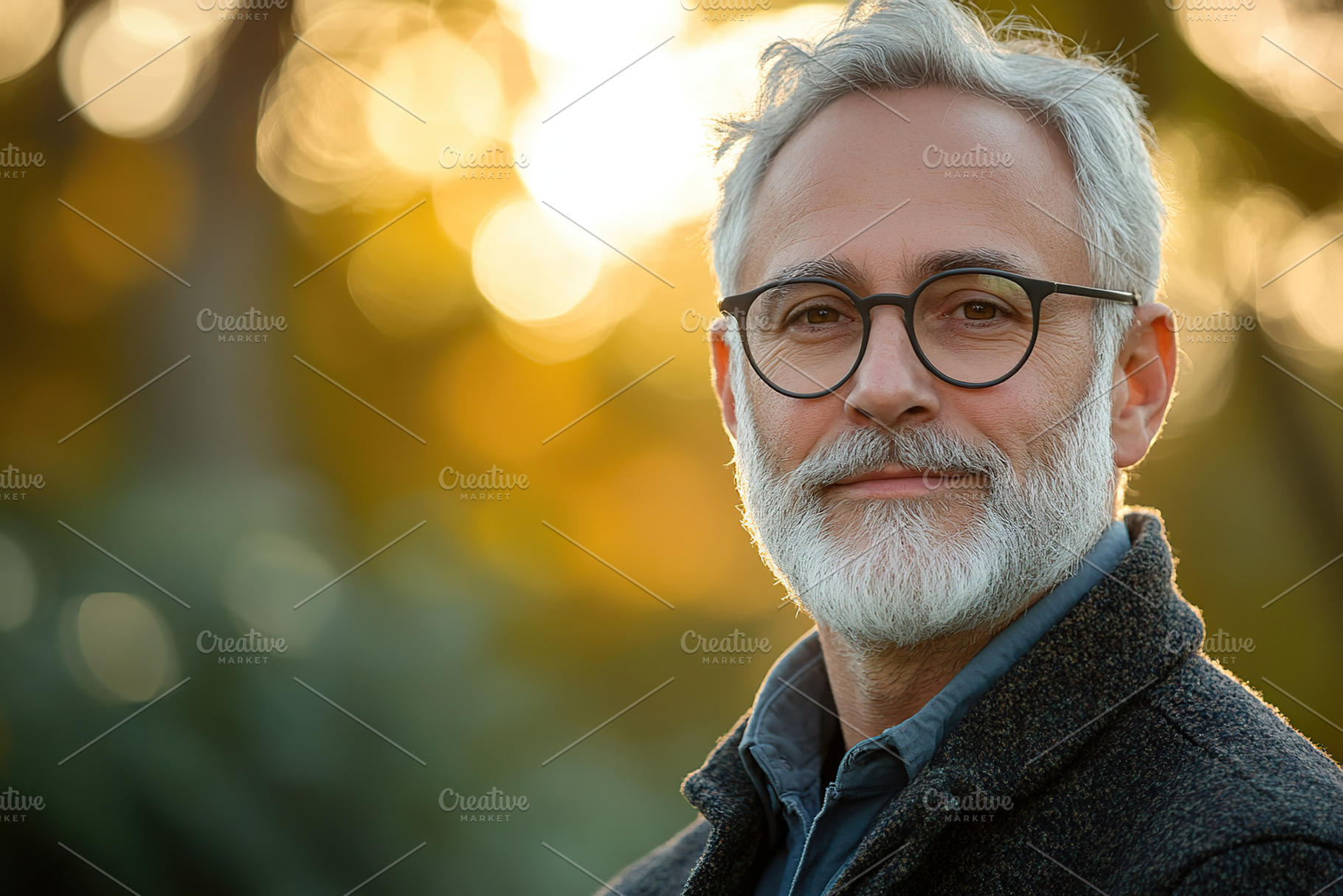 Middle aged man with gray hair smiling outdoors during sunset in a vibrant atmo, a Person Photo by AlyaAnd