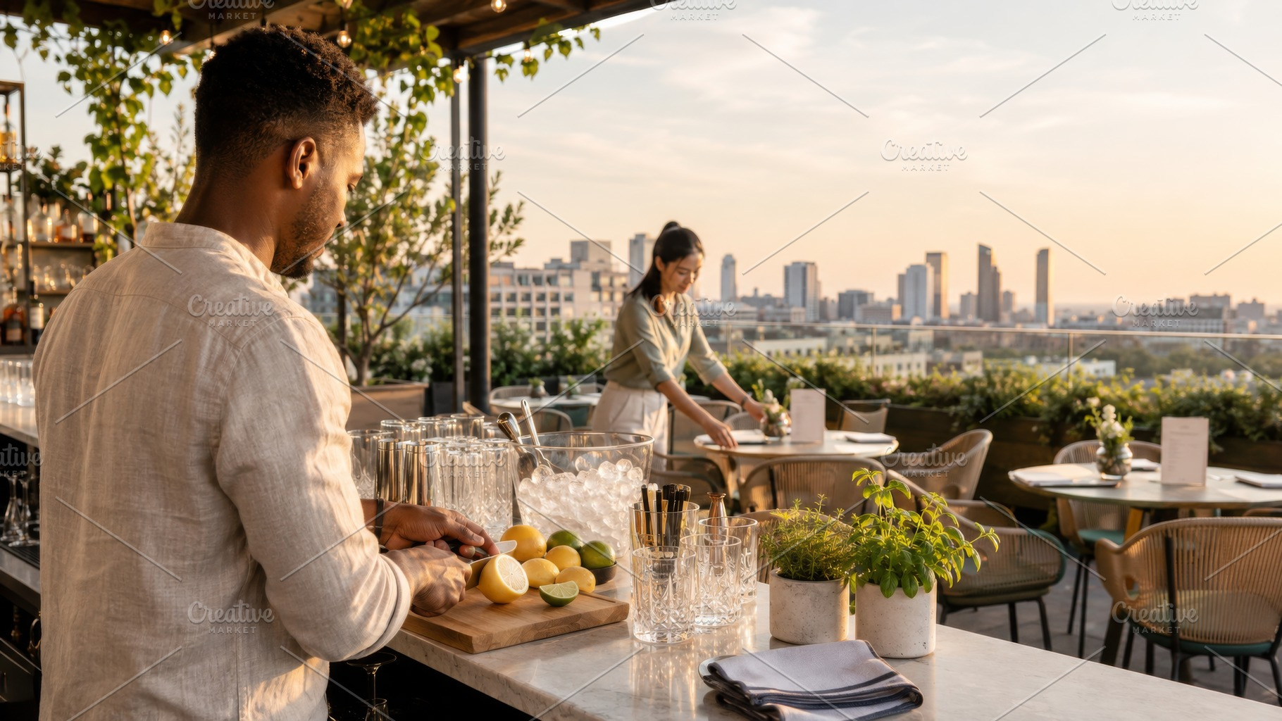 Outdoor rooftop bar with bartender a, a Photo by Dvoevnore photos